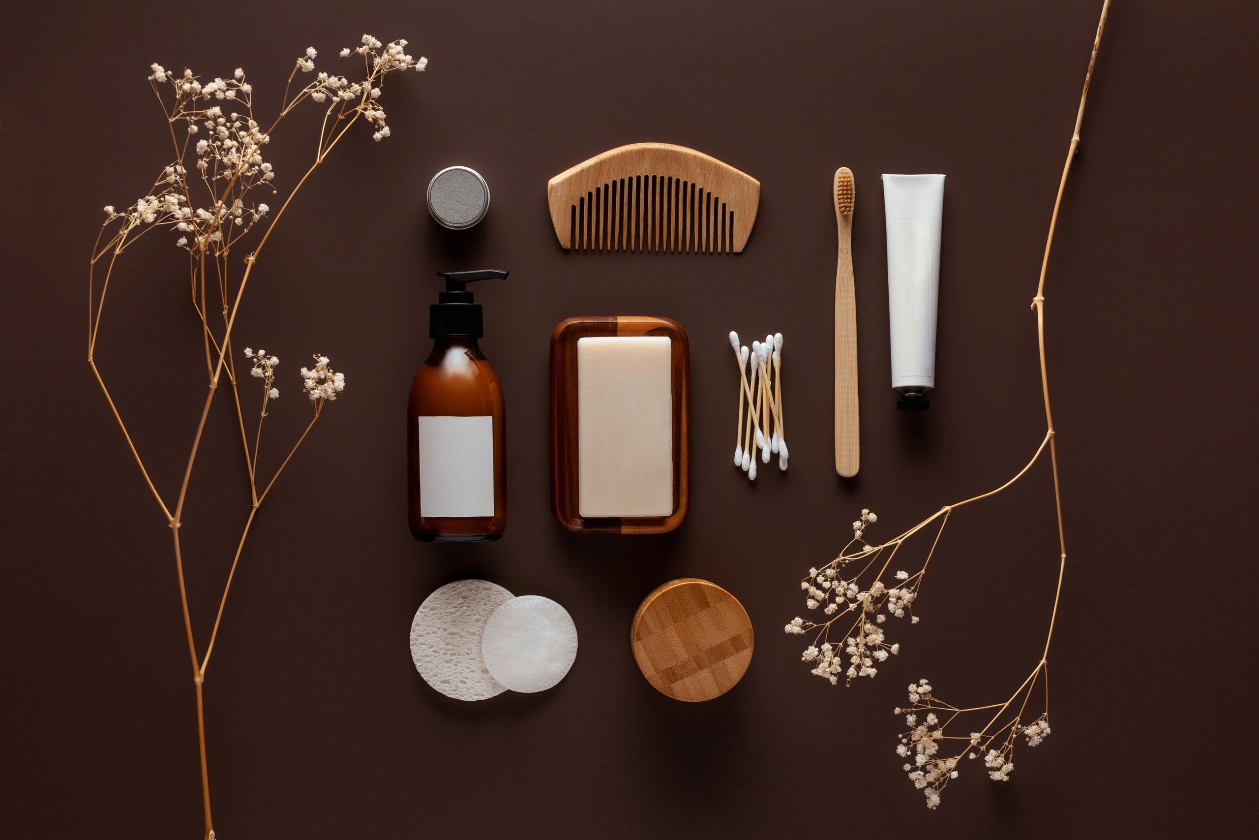 Zero-waste product flat lay on a brown background